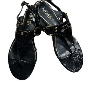 Lauren Ralph Lauren Black Sandals Sz 7.5 Gold Accents. Excellent Like New